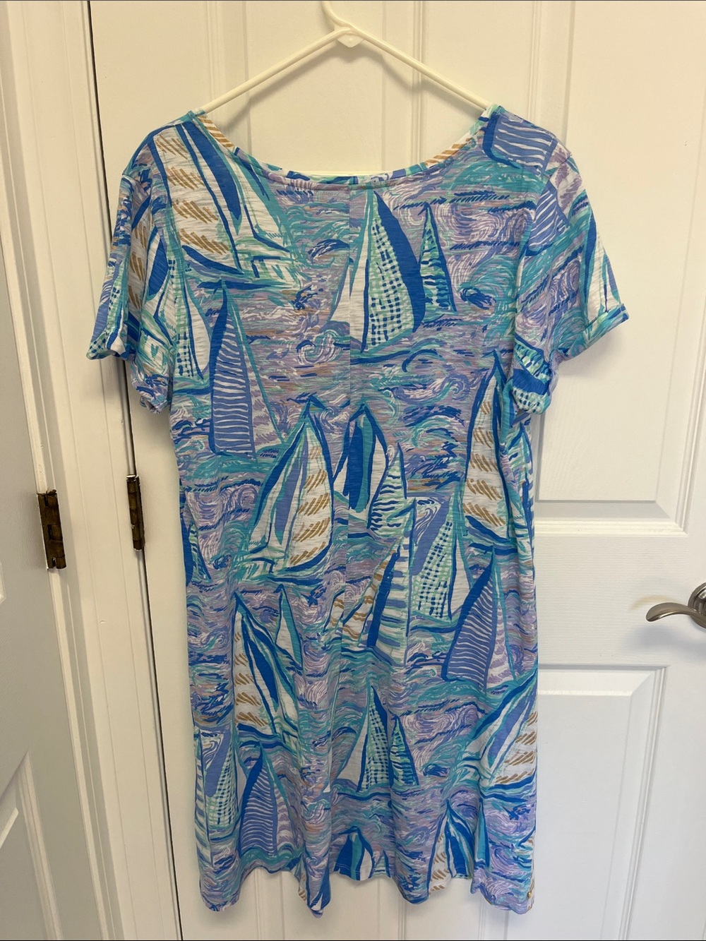 Blue & Aqua Sailboat Print V-Neck Dress - Picture 3 of 3